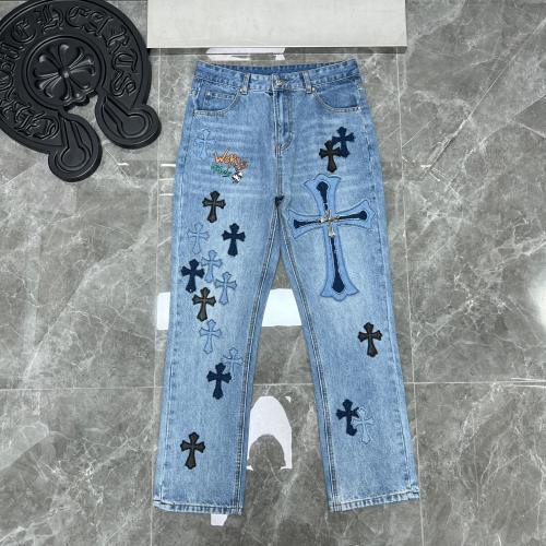 Patchwork leather embroidered washed jeans