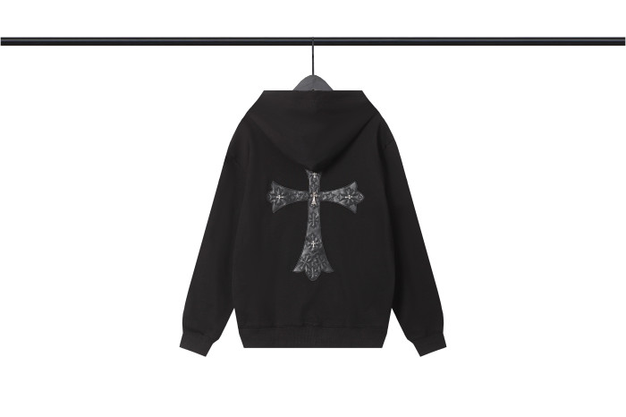 [50% Off]Patchwork Leather Cross Embroidered Zipper Hooded Sweatshirt 2 colors