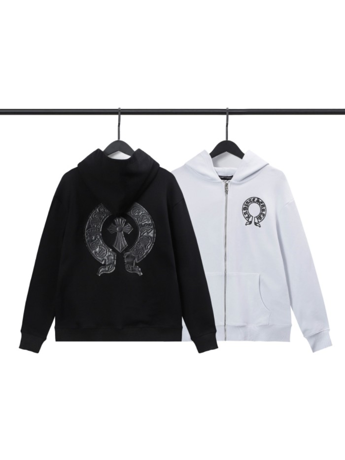  Leather Embroidered Horseshoe Loop Zipper Sweatshirt 2 colors