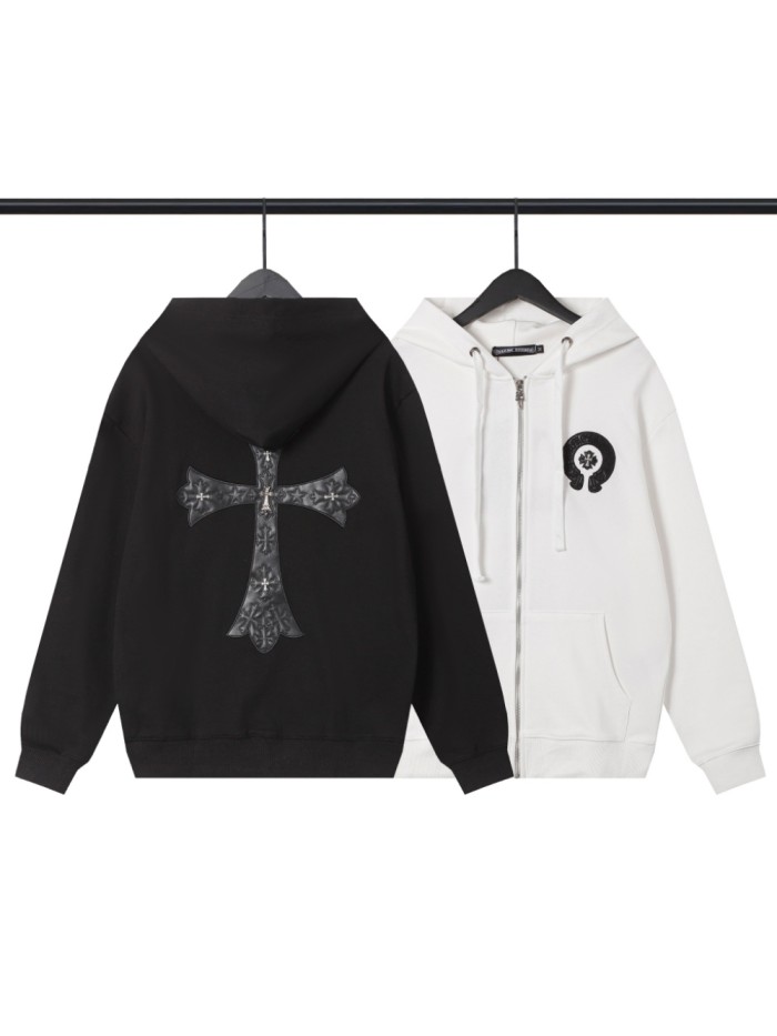 [50% Off]Patchwork Leather Cross Embroidered Zipper Hooded Sweatshirt 2 colors