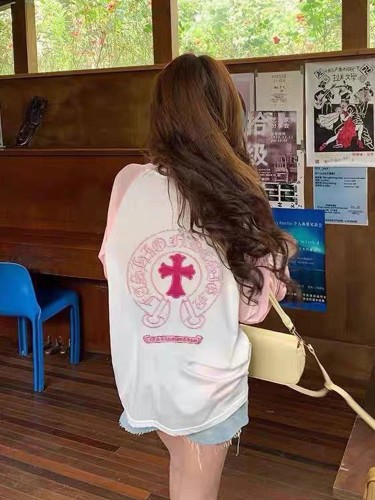 Pink Horseshoe Cross Embroidered Colorblocking Long Sleeve T-Shirt