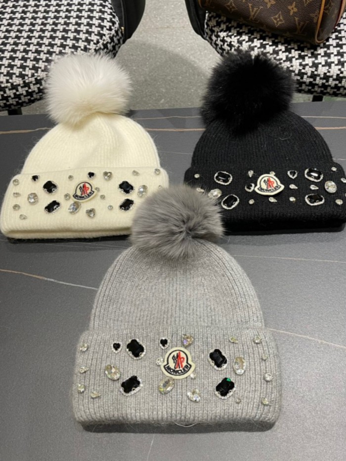 1:1 quality version Jeweled Rhinestone Rabbit Fur Knit Cold beanie 3 colors