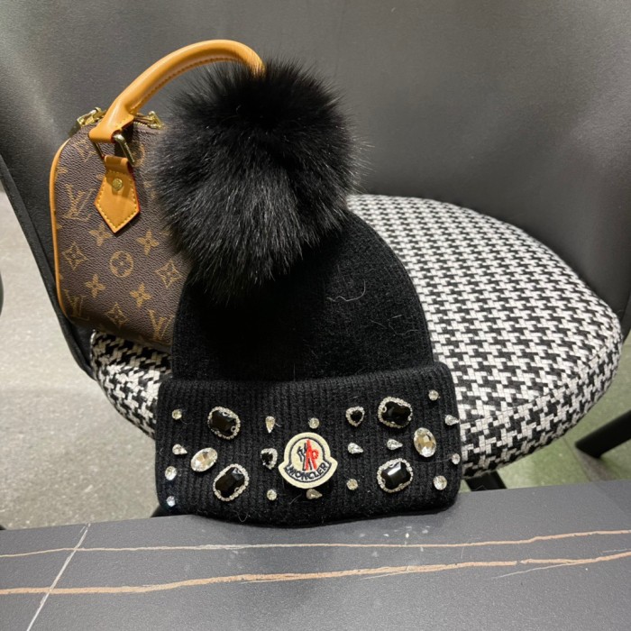 1:1 quality version Jeweled Rhinestone Rabbit Fur Knit Cold beanie 3 colors