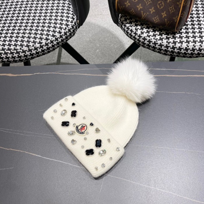 1:1 quality version Jeweled Rhinestone Rabbit Fur Knit Cold beanie 3 colors