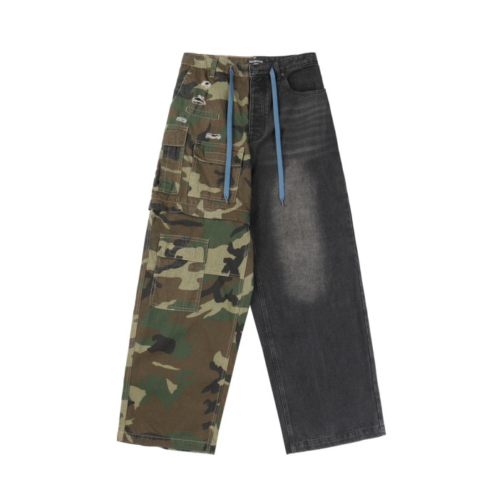 1:1 quality version Camo cloth patchwork ripped drawstring cargo jeans
