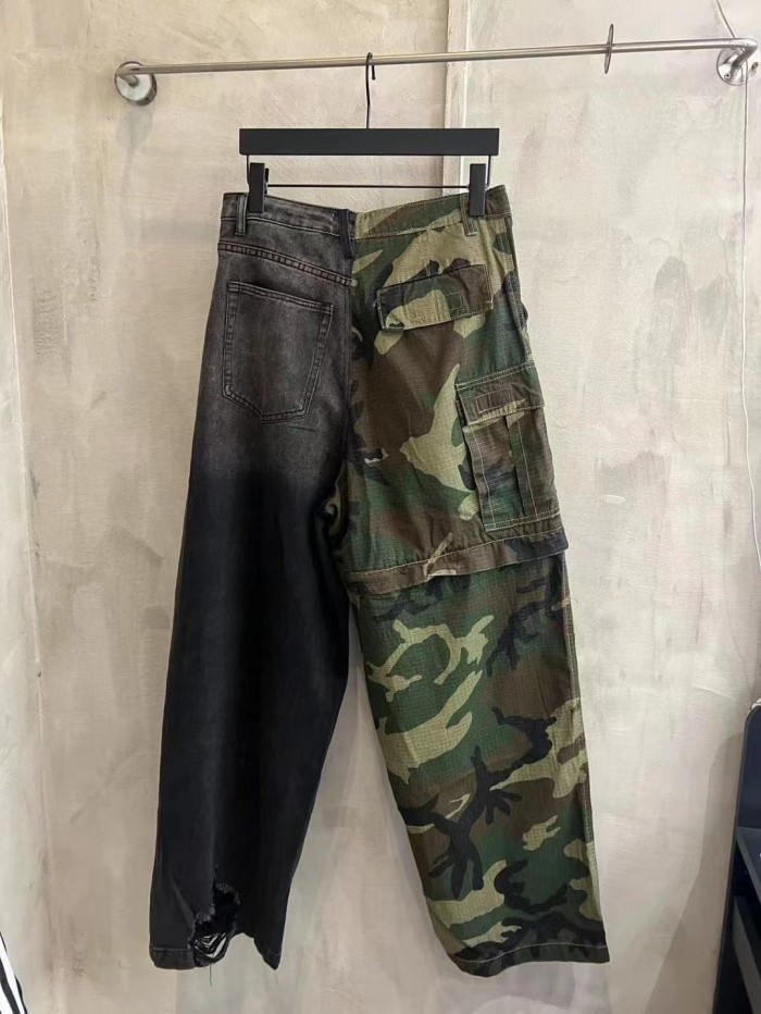 1:1 quality version Camo cloth patchwork ripped drawstring cargo jeans