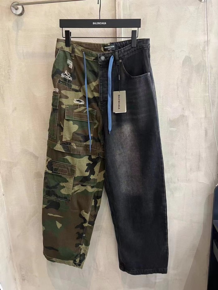 1:1 quality version Camo cloth patchwork ripped drawstring cargo jeans