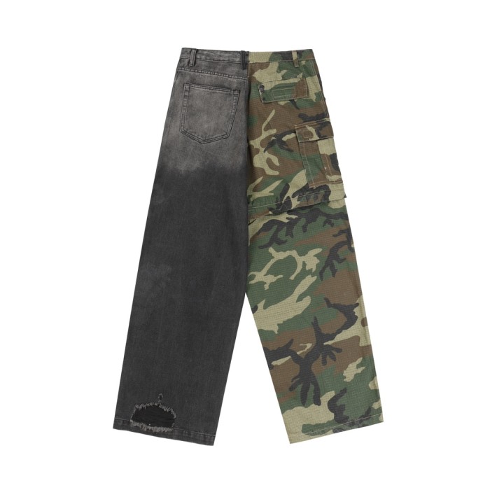 1:1 quality version Camo cloth patchwork ripped drawstring cargo jeans