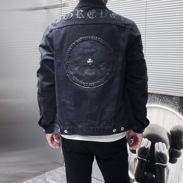 Hand-Woven Disc Sanskrit Embroidered Patch Leather Denim Jacket