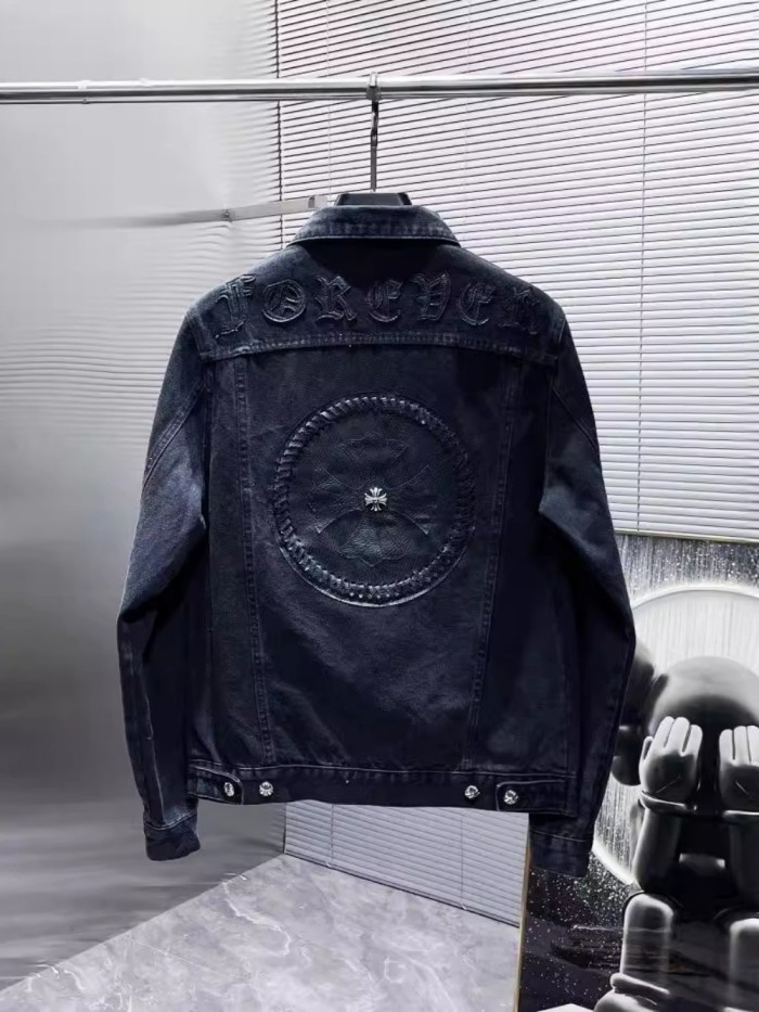 Hand-Woven Disc Sanskrit Embroidered Patch Leather Denim Jacket