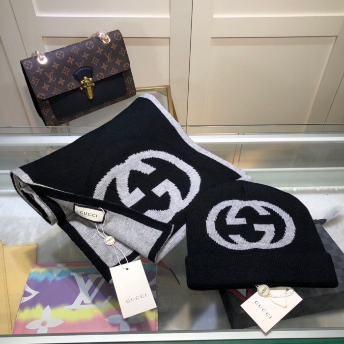 1:1 quality version Big Logo Jacquard Wool and Cashmere Scarf and Beanie Set 4 colors