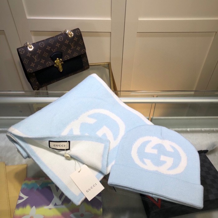 1:1 quality version Big Logo Jacquard Wool and Cashmere Scarf and Beanie Set 4 colors