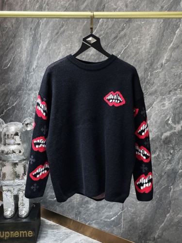 Lips Jacquard Red Leather Cross Sweater