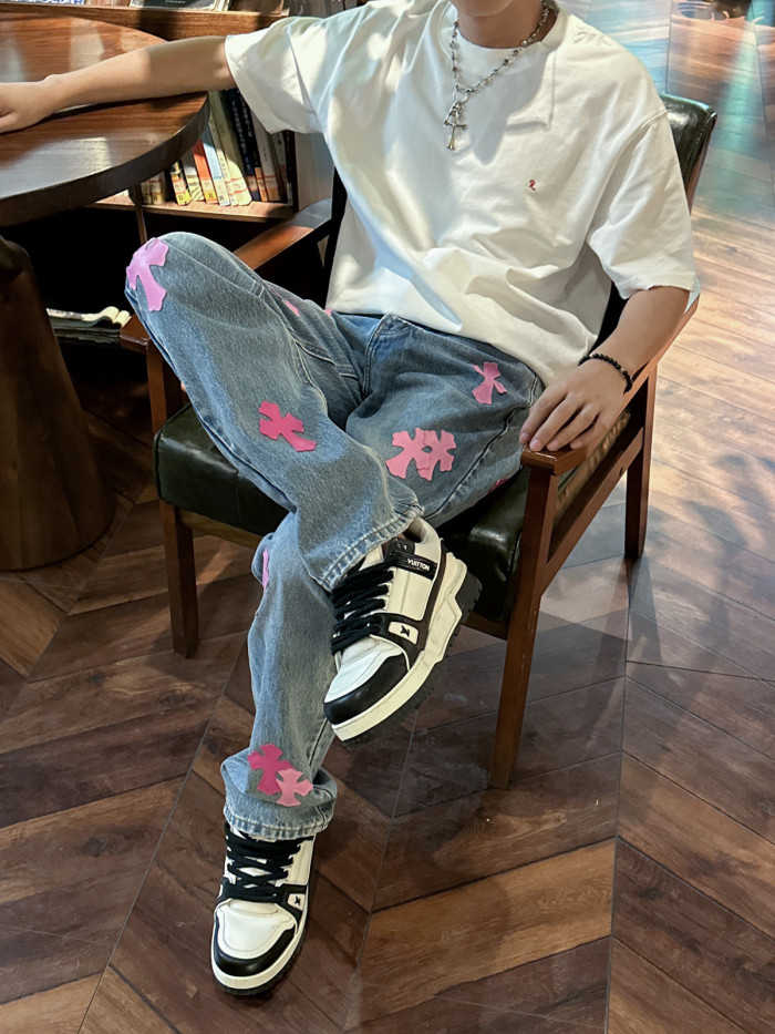 1:1 quality version Pink Patch Cross Ripped Fringe Jeans
