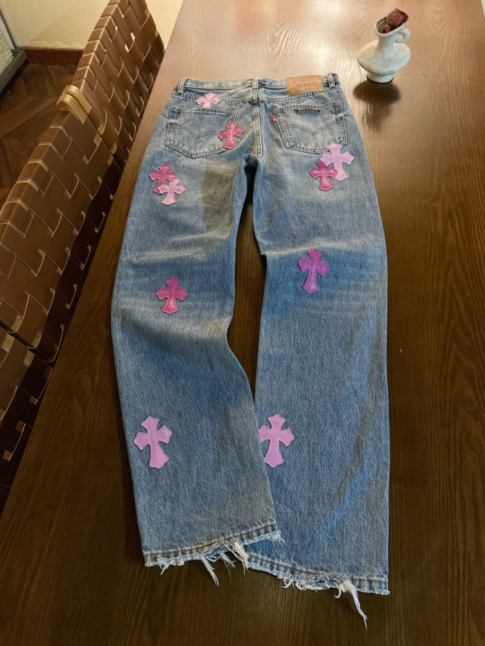 1:1 quality version Pink Patch Cross Ripped Fringe Jeans