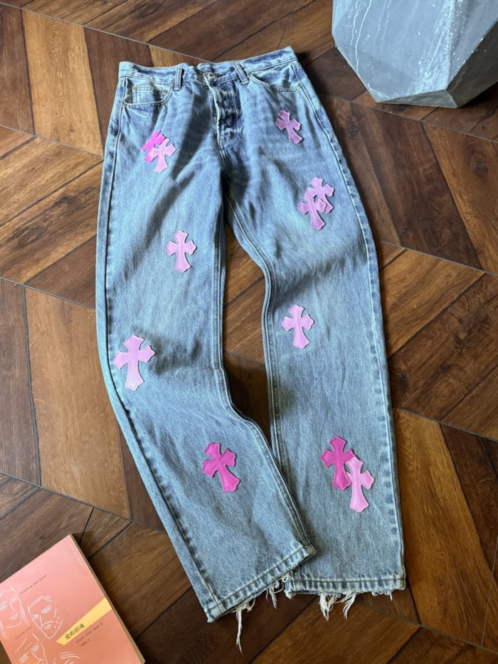 1:1 quality version Pink Patch Cross Ripped Fringe Jeans