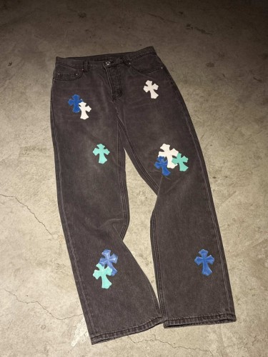 1:1 quality version Heavy Duty Blue and White Patchwork Leather Washed and Aged Jeans