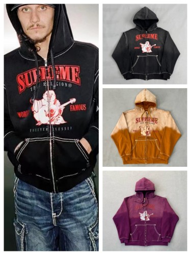 1:1 quality version Maitreya Buddha Letter Print Washed Gradient Aged Zipper Hoodie 3 colors