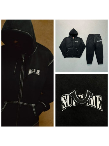 1:1 quality version Chest Diamond Applique Embroidered Zipper Hoodie & Pants Set