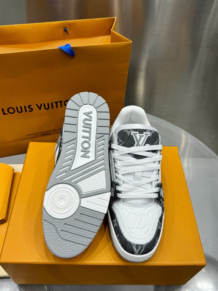 1:1 quality version Denim Leather Patchwork Lace-Up Board Shoes 2 colors