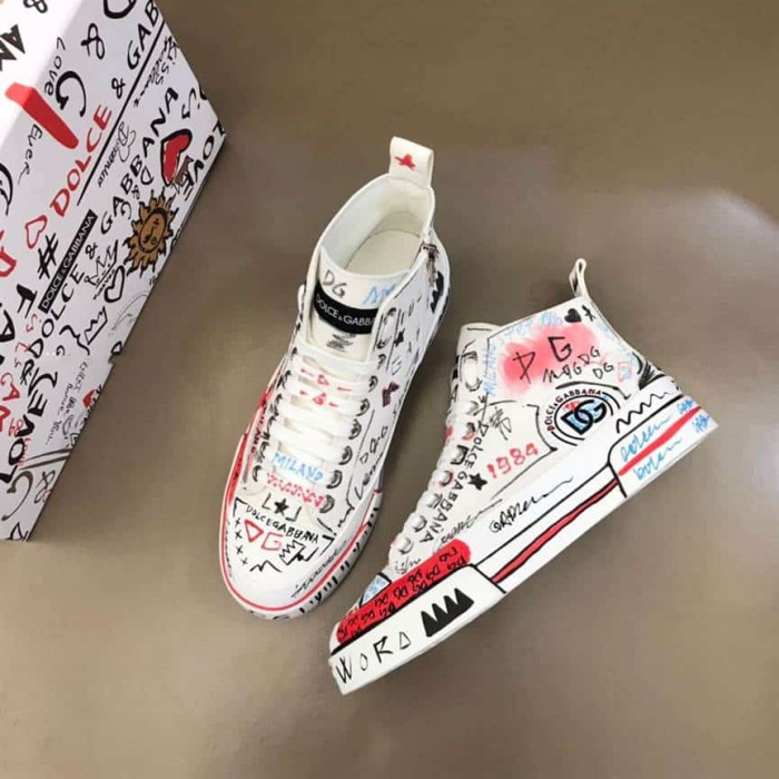 DOLCE AND  G@BB@N@ HAND-PAINTED GRAFFITI CANVAS PORTOFINO LIGHT MID-TOP SNEAKERS    DG111