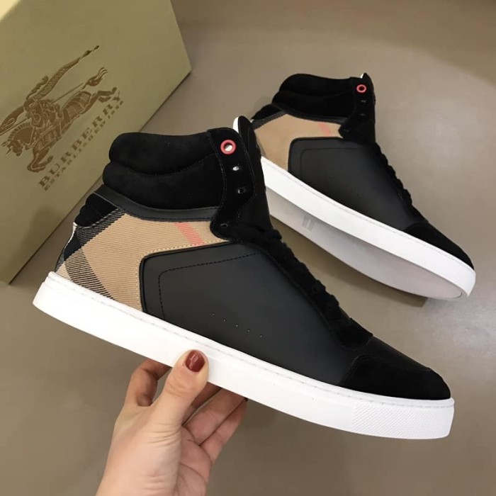 BURB5RRY LEATHER AND HOUSE CHECK HI-TOP SNEAKERS   BBR28