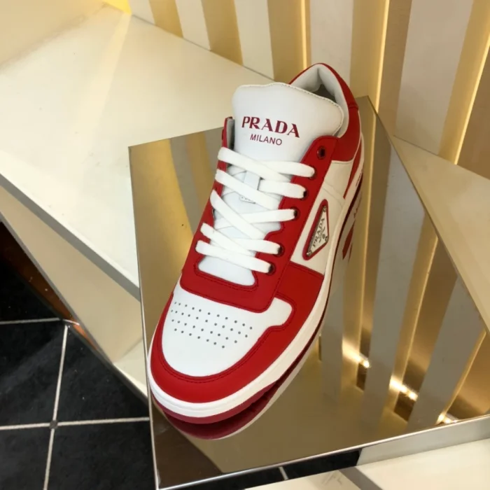 PR@DA@ DOWNTOWN LEATHER SNEAKERS IN WHITE AND LACQUER RED- PRD012
