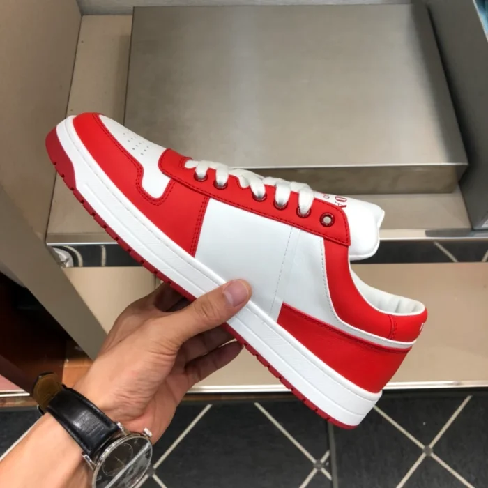 PR@DA@ DOWNTOWN LEATHER SNEAKERS IN WHITE AND LACQUER RED- PRD012