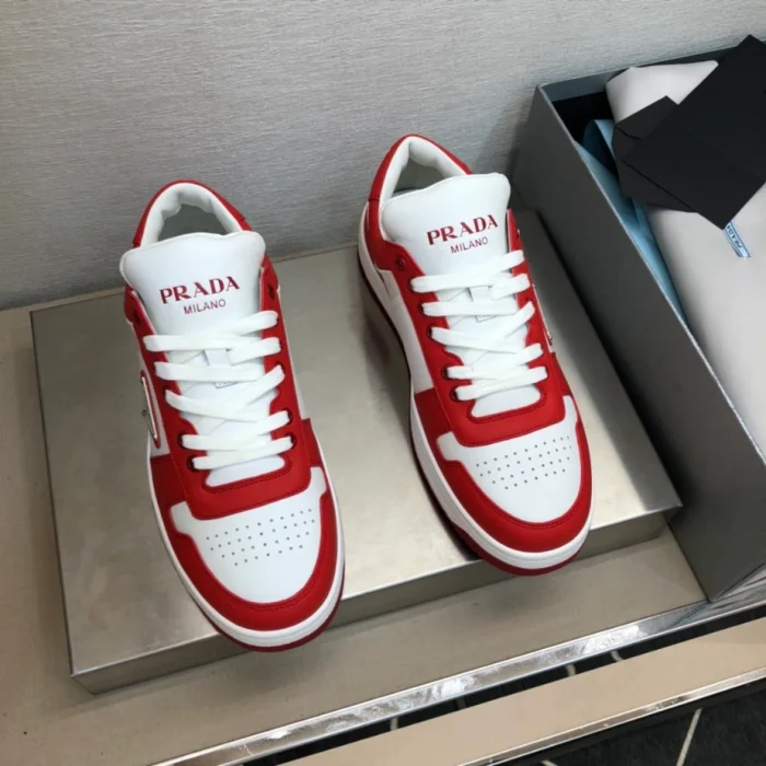 PR@DA@ DOWNTOWN LEATHER SNEAKERS IN WHITE AND LACQUER RED- PRD012
