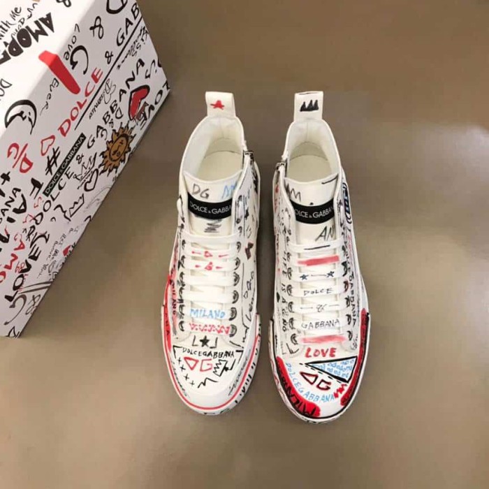 DOLCE AND  G@BB@N@ HAND-PAINTED GRAFFITI CANVAS PORTOFINO LIGHT MID-TOP SNEAKERS    DG111