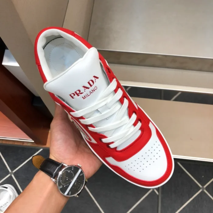 PR@DA@ DOWNTOWN LEATHER SNEAKERS IN WHITE AND LACQUER RED- PRD012