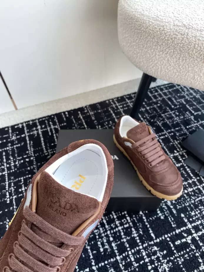 PR@DA@ TRAIL FADED SUEDE SNEAKERS IN DARK BROWN- PRD079