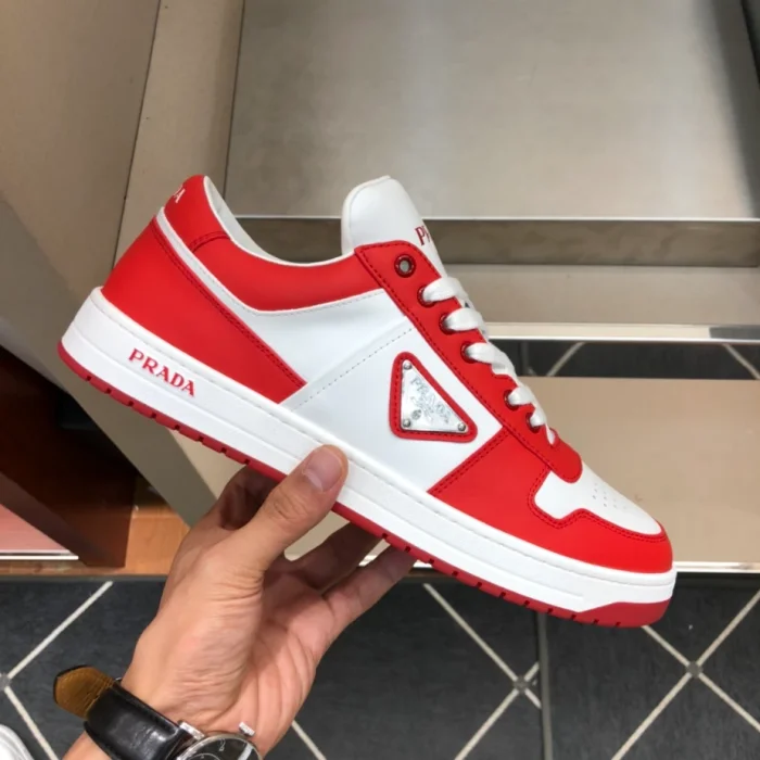 PR@DA@ DOWNTOWN LEATHER SNEAKERS IN WHITE AND LACQUER RED- PRD012