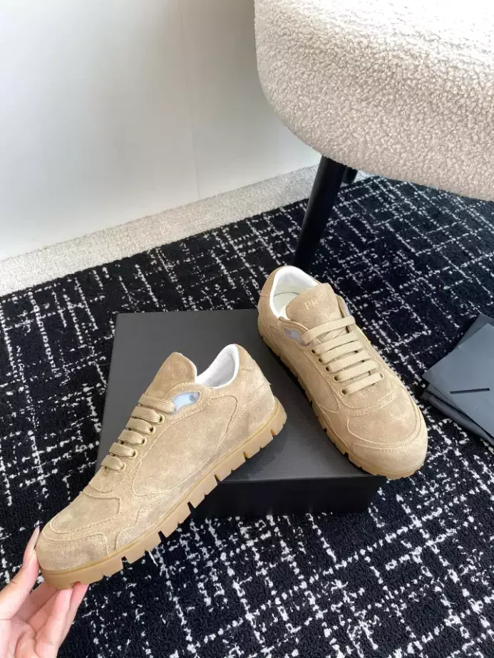 PR@DA@ TRAIL FADED SUEDE SNEAKERS IN ECRU   PRD080