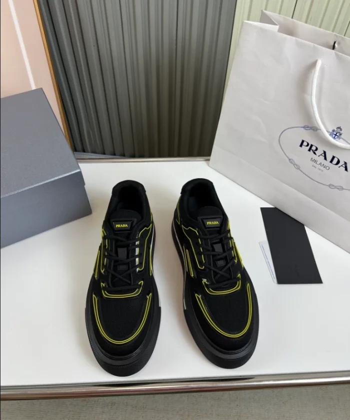 PR@DA@ MACRO RE-NYLON AND BRUSHED LEATHER SNEAKERS   PRD060