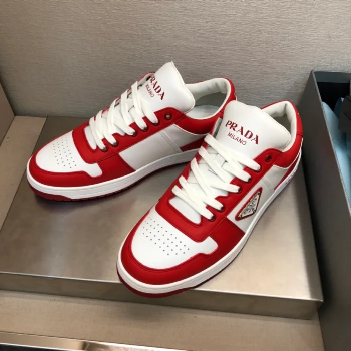 PR@DA@ DOWNTOWN LEATHER SNEAKERS IN WHITE AND LACQUER RED- PRD012