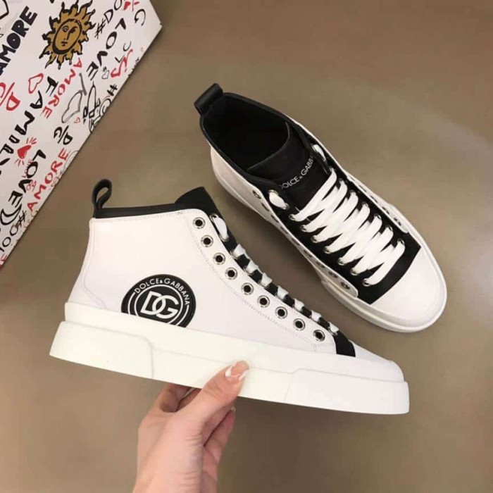DOLCE AND  G@BB@N@ QUILTED TWO-TONE NYLON PORTOFINO LIGHT MID-TOP SNEAKERS IN WHITE    DG107