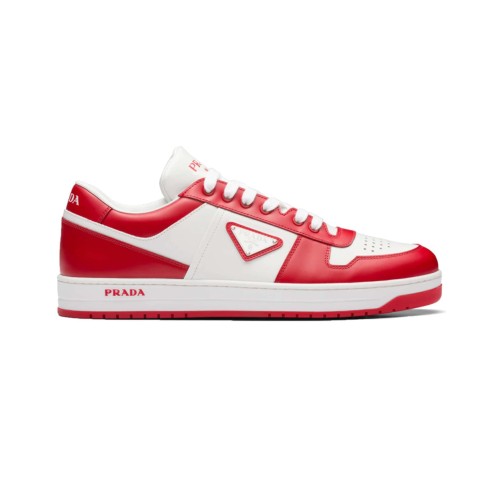 PR@DA@ DOWNTOWN LEATHER SNEAKERS IN WHITE AND LACQUER RED- PRD012