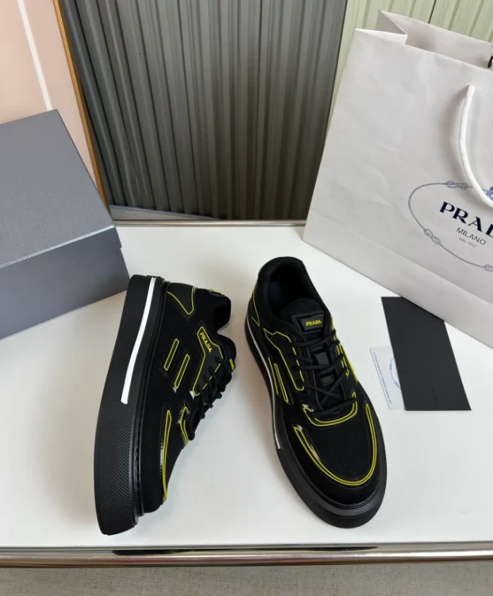 PR@DA@ MACRO RE-NYLON AND BRUSHED LEATHER SNEAKERS   PRD060