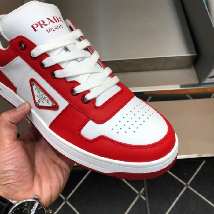PR@DA@ DOWNTOWN LEATHER SNEAKERS IN WHITE AND LACQUER RED- PRD012