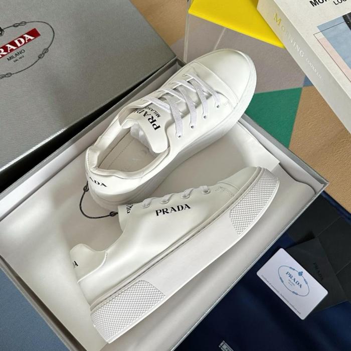 PR@DA@ MACRO RE-NYLON AND BRUSHED LEATHER SNEAKERS   PRD064