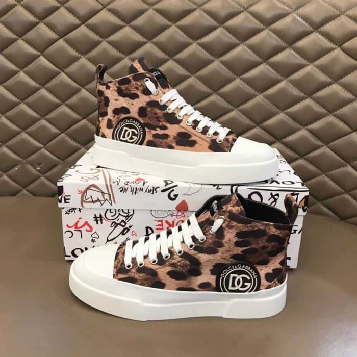 DOLCE AND  G@BB@N@ COTTON DRILL PORTOFINO LIGHT MID-TOP SNEAKERS WITH LEOPARD PRINT    DG110