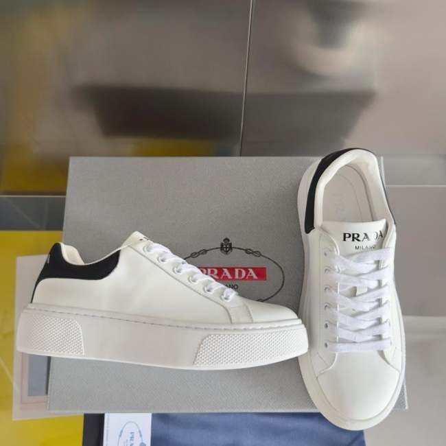 PR@DA@ MACRO RE-NYLON AND BRUSHED LEATHER SNEAKERS   PRD065