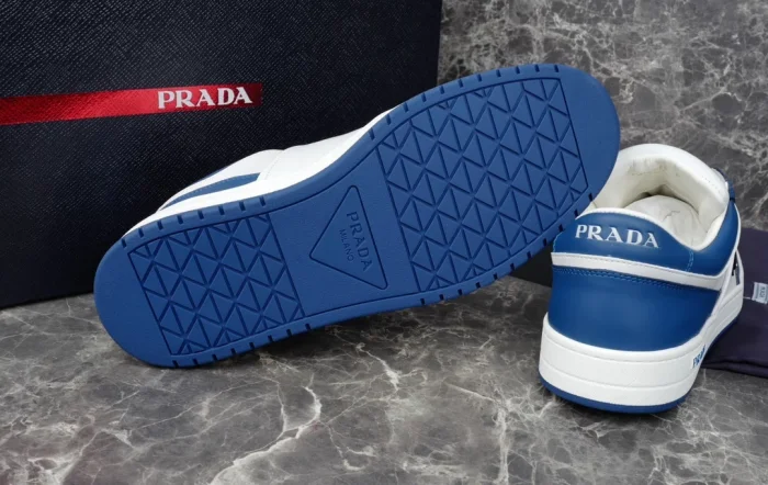 PR@DA@ DOWNTOWN LEATHER SNEAKERS IN WHITE AND LACQUER BLUE- PRD011