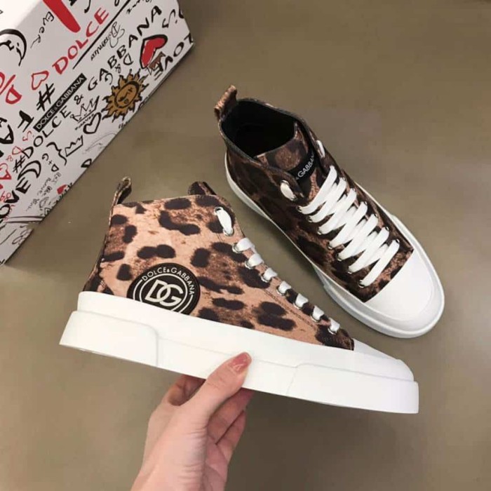 DOLCE AND  G@BB@N@ COTTON DRILL PORTOFINO LIGHT MID-TOP SNEAKERS WITH LEOPARD PRINT    DG110