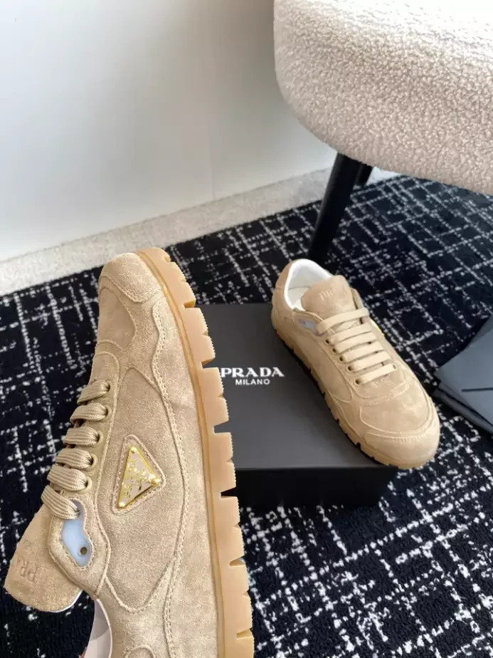 PR@DA@ TRAIL FADED SUEDE SNEAKERS IN ECRU   PRD080
