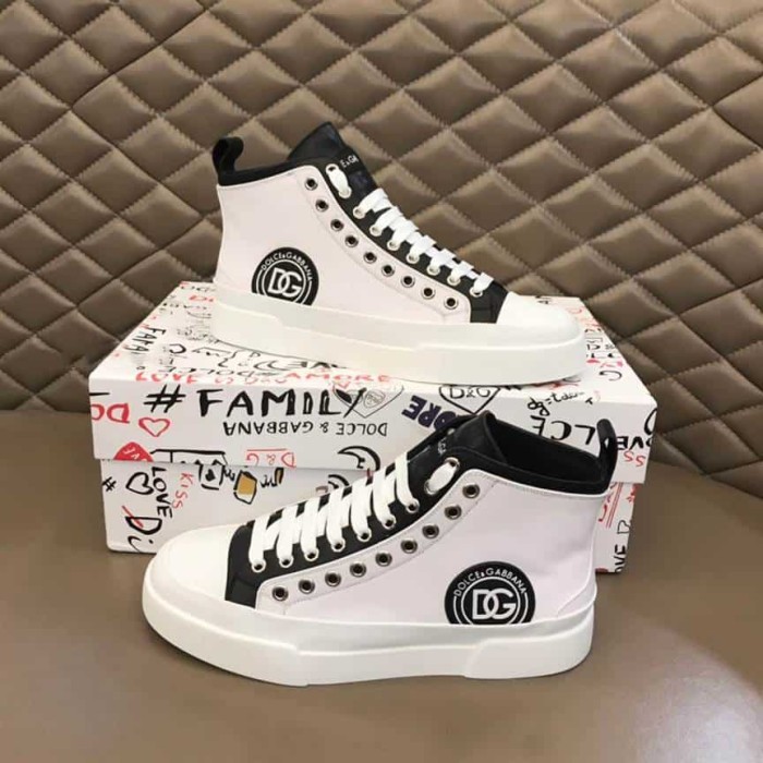 DOLCE AND  G@BB@N@ QUILTED TWO-TONE NYLON PORTOFINO LIGHT MID-TOP SNEAKERS IN WHITE    DG107