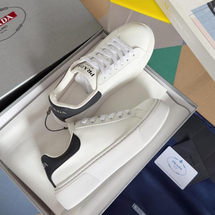 PR@DA@ MACRO RE-NYLON AND BRUSHED LEATHER SNEAKERS   PRD065
