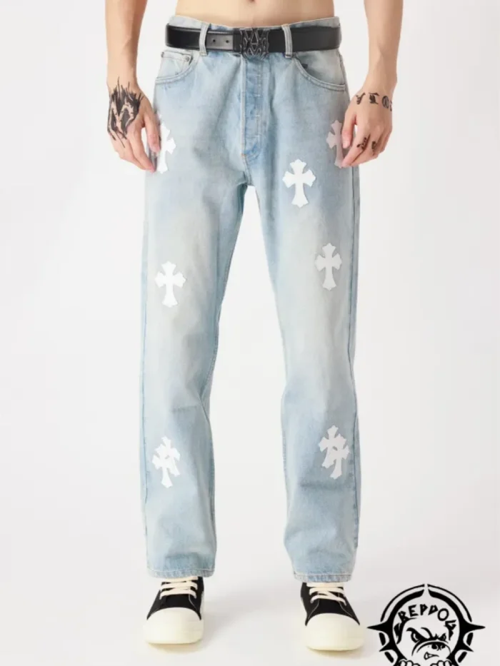 [buy more save more]1:1 quality version Black and White Patchwork Sterling Silver Button Leather Jeans