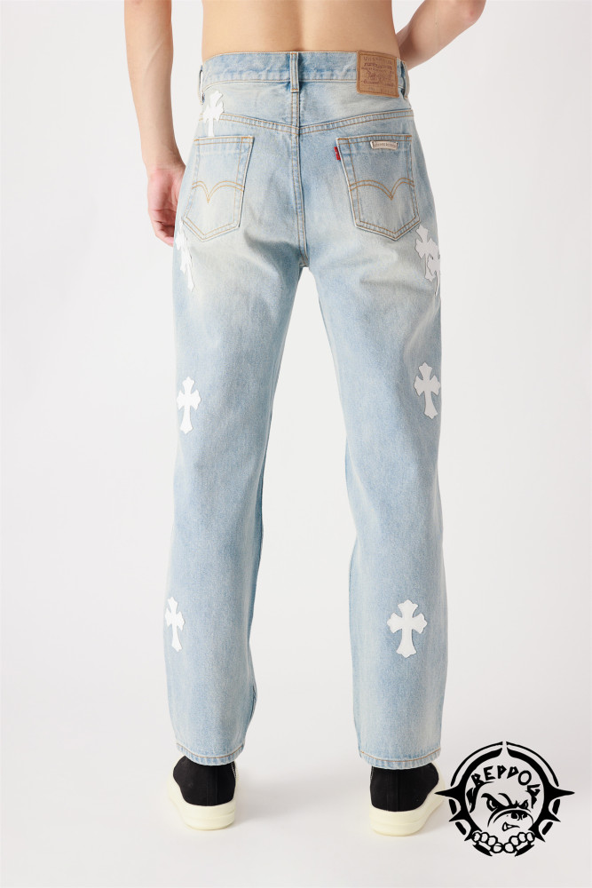 [buy more save more]1:1 quality version Black and White Patchwork Sterling Silver Button Leather Jeans